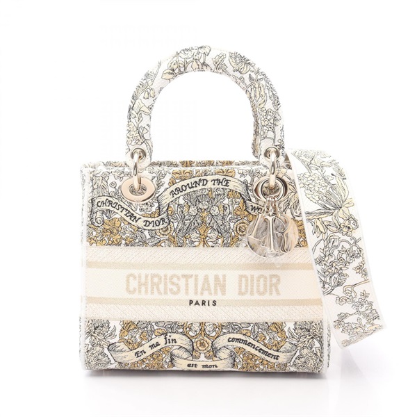 Christian Dior LADY D-LITE Medium 2Way Shoulder Handbag Canvas White Black