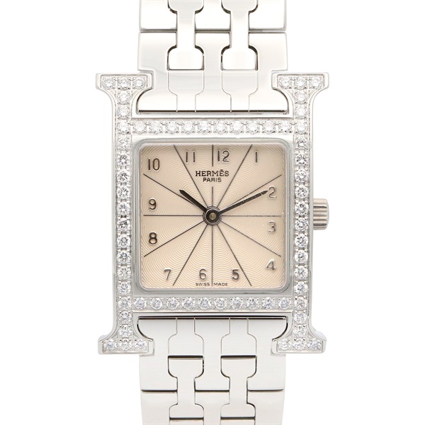 HERMES H Watch Bezel Diamond Wrist Watch HH1.230 Quartz SS Used Women