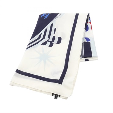 CHANEL COCO Mark Stole scarf wrap echarpe silk cotton White Navy Multicolor Used
