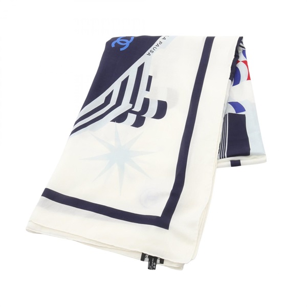 CHANEL COCO Mark Stole scarf wrap echarpe silk cotton White Navy Multicolor Used