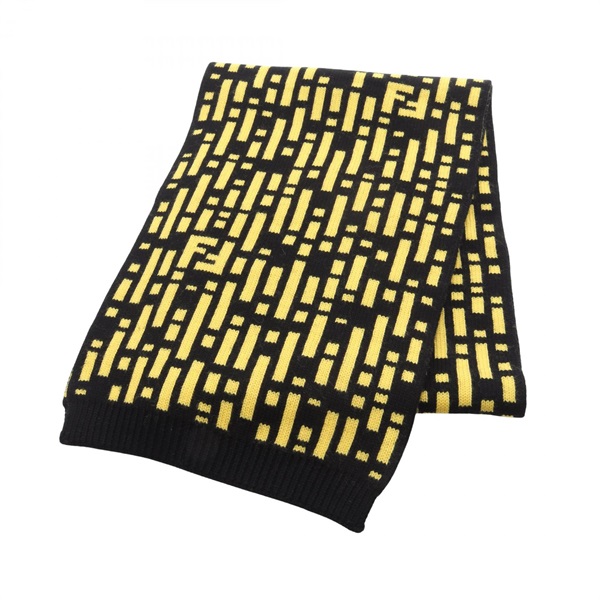 FENDI FF logo Scarf long stole wrap wool Black Yellow Used unisex