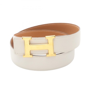 HERMES Constance H Belt ceinture #75 B leather White Brown Used mens GHW