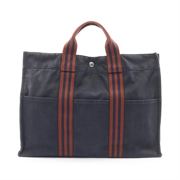 HERMES Fourre-tout MM Tote Bag canvas Navy Brown Used Women SHW