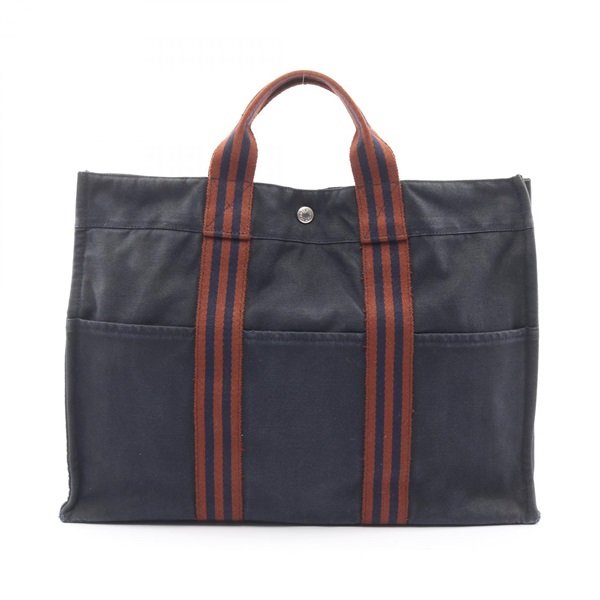 HERMES Fourre-tout MM Tote Bag canvas Navy Brown Used Women SHW