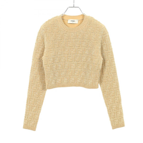 FENDI FF pattern cropped short knitwear sweater Rayon polyester Gold Used #40