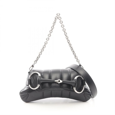 GUCCI Horsebit Small chain shoulder Handbag 764339 leather Black Used Women