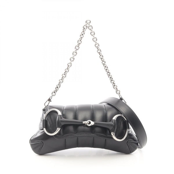 GUCCI Horsebit Small chain shoulder Handbag 764339 leather Black Used Women