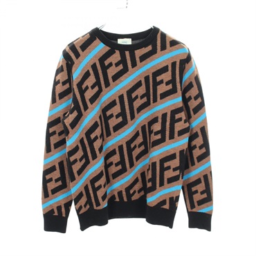 FENDI FF logo Knitwear Sweater wool Brown Black Blue Used Women #12+