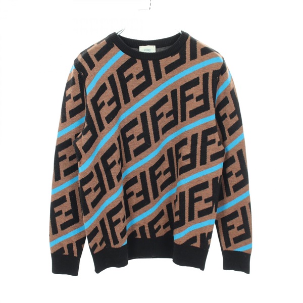 FENDI FF logo Knitwear Sweater wool Brown Black Blue Used Women #12+