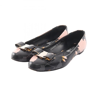 Salvatore Ferragamo Vara ribbon Pumps Flat Shoes #8 1/2 leather Black Pink Used