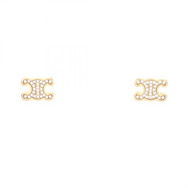 CELINE Triomphe Pierced Earrings Gold Plated Rhinestone Clear Used Women