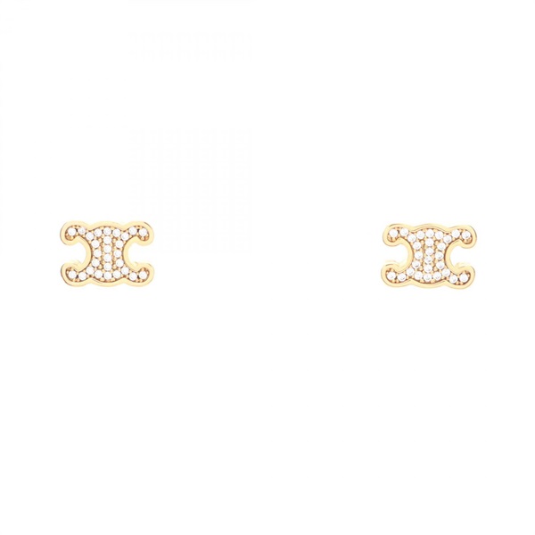 CELINE Triomphe Pierced Earrings Gold Plated Rhinestone Clear Used Women