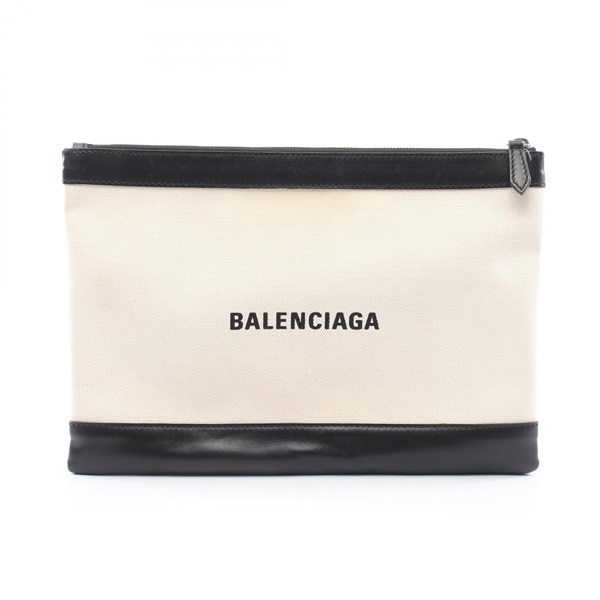 BALENCIAGA Navy clip M Clutch bag 373834 canvas leather Beige Black Used unisex