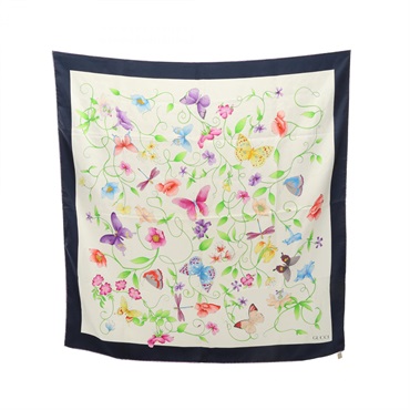 GUCCI Floral Scarf silk Navy Beige Multicolor Used Women 84 x 84cm