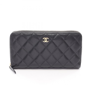 CHANEL Matelasse Around long wallet Grained Calfskin leather Black Used GHW CC