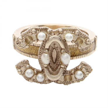 CHANEL COCO Mark Ring Gold Plated Artificial pearl White Used #JP12.5