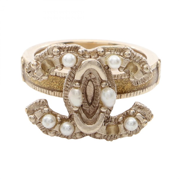 CHANEL COCO Mark Ring Gold Plated Artificial pearl White Used #JP12.5