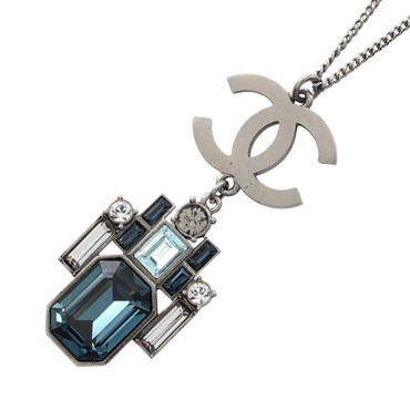 CHANEL COCO Mark Necklace Pendant Stainless Steel crystal Blue Used Women