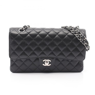 CHANEL Matelasse W flap chain Shoulder Bag Calfskin leather Black Used SHW