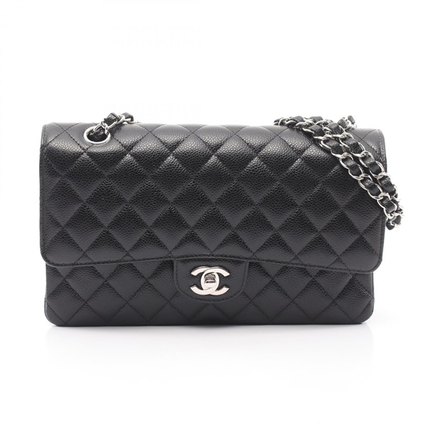 CHANEL Matelasse W flap chain Shoulder Bag Calfskin leather Black Used SHW
