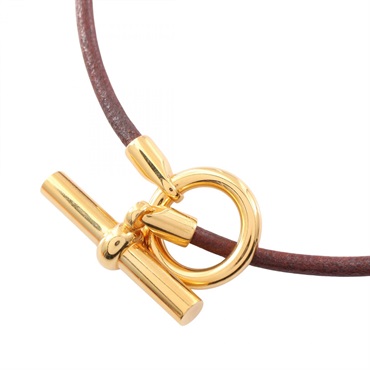 HERMES Glenan choker necklace 45cm leather Gold Plated Brown Used Women