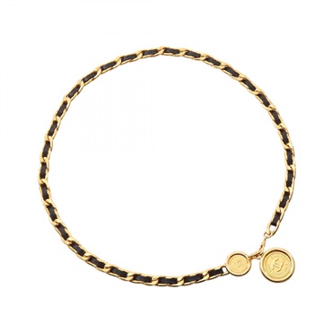 CHANEL COCO Mark Chain Belt Ceiture leather Gold Plated Black Used Women CC