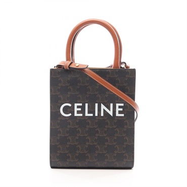 CELINE Mini Vertical Cabas Triomphe Shoulder Handbag Canvas Black Brown Used