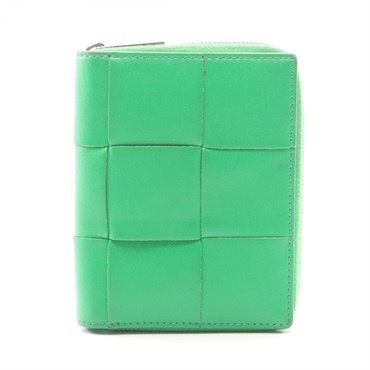 BOTTEGA VENETA Maxi Intrecciato Aound zip Wallet Purse leather Green Used Women