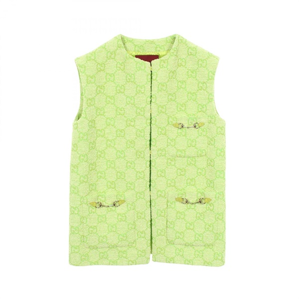 GUCCI GG pattern Vest Sleeveless Jacket #36 cotton leather polyester Green Used