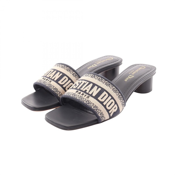 Christian Dior Dway Logo Mule Heels Shoes #35 1/2 canvas Navy Beige Used Women