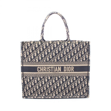 Dior BOOK TOTE Large Oblique Hand Bag canvas Navy Beige Used Women Logo