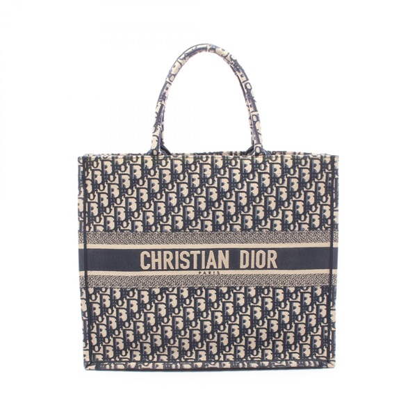 Dior BOOK TOTE Large Oblique Hand Bag canvas Navy Beige Used Women Logo