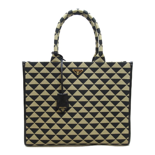 PRADA Tote hand Bag canvas Gold Black Used