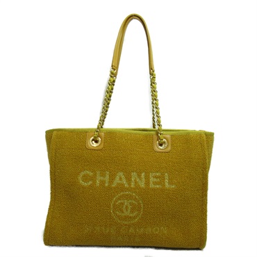 CHANEL Deauville Line MM Tote Bag Velor Yellow mustard Used Women GHW CC Coco