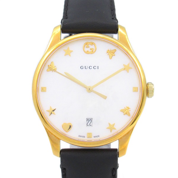 GUCCI G timeless Wrist Watch 126.4 Quartz Gold Plated Leather belt Used mens