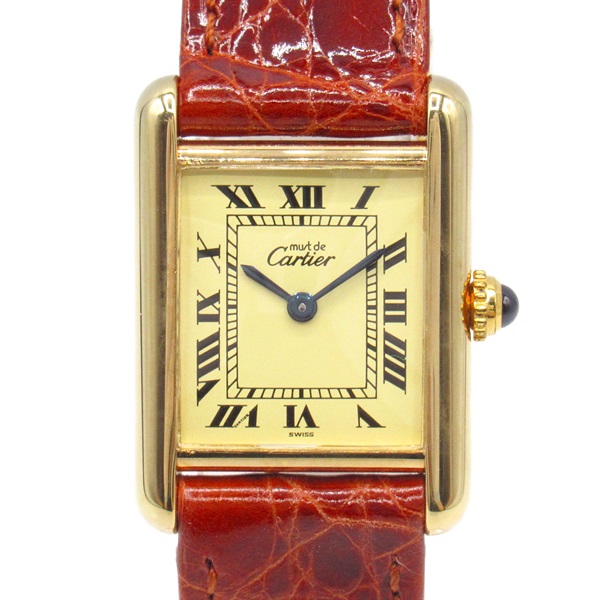 CARTIER Must tank Wrist Watch 1613 Quartz Gold Plated Leather Used Women