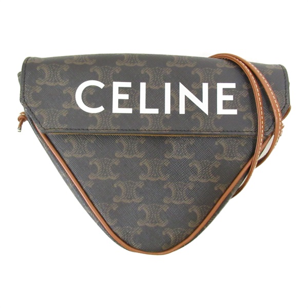 CELINE Triomphe Triangle Shoulder Bag canvas Black Brown Used