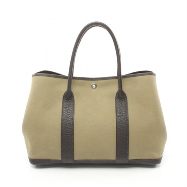 HERMES Garden party PM Tote Bag Toile officier leather Khaki Brown Used Women G