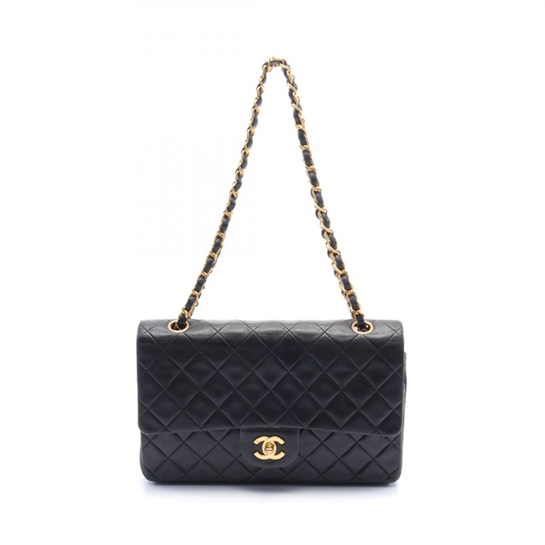 CHANEL Matelasse W flap Shoulder Bag lambskin Black Used GHW