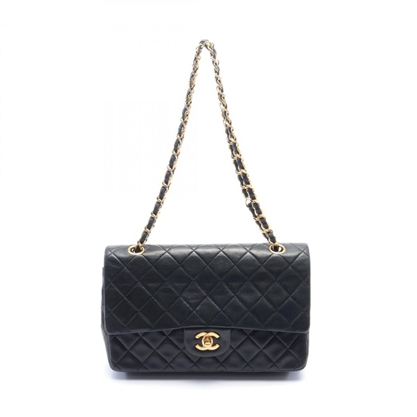 CHANEL Matelasse W flap chain Shoulder Bag lambskin Black Used GHW