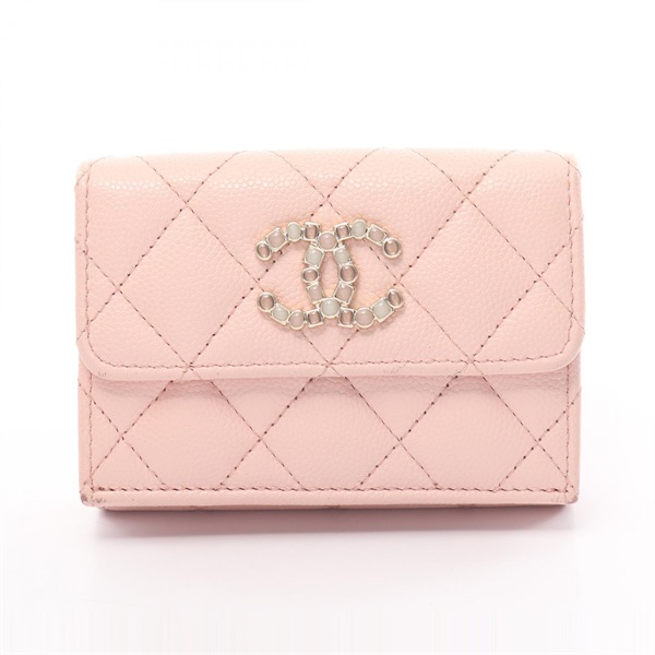 CHANEL Matelasse Tri-fold compact wallet purse Caviar skin Pink Used