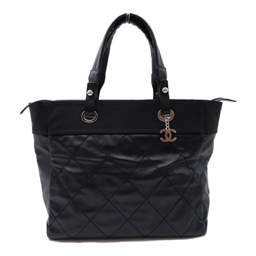 CHANEL Paris Biarritz MM Bag Tote Bag leather Coated canvas Black Used Women SHW