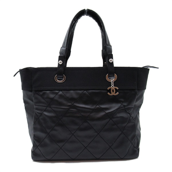 CHANEL Paris Biarritz MM Bag Tote Bag leather Coated canvas Black Used Women SHW