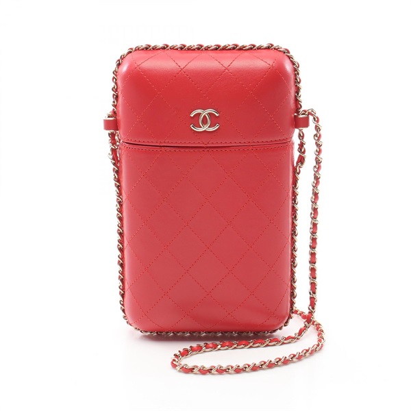 CHANEL CC Matelasse Chain Phone Holder Shoulder Bag leather Red Used Women Coco