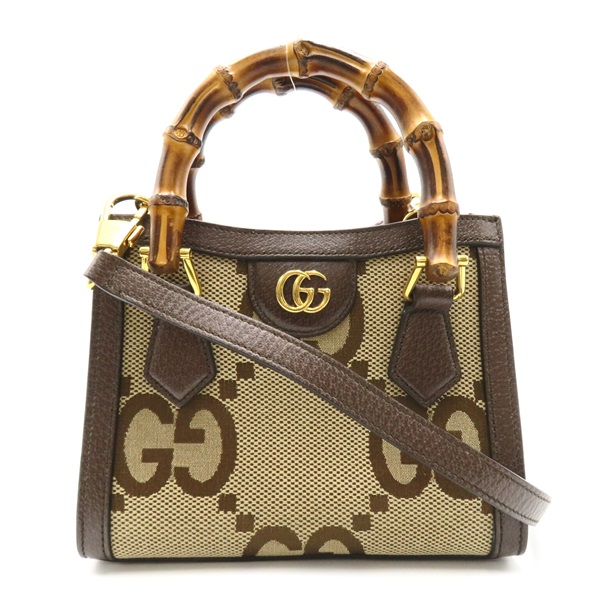 GUCCI Jumbo GG 2way Shoulder Bag 655661 canvas leather bamboo handle Beige Brown