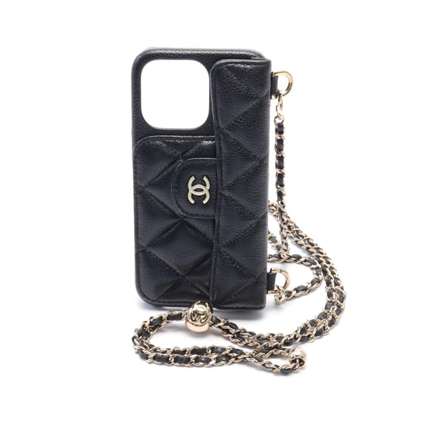 CHANEL Matelasse COCO Mark iPhone 13/13 Pro Case AP2689 Caviar leather Black CC