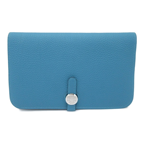 HERMES Dogon GM Bifold Long Wallet purse Togo leather Blue Used Women SHW R