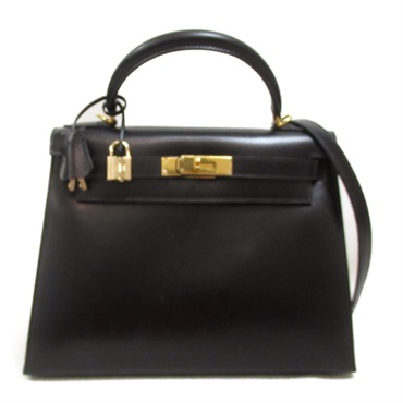 HERMES Kelly 28 hand shoulder bag E outside stitched Box calf Black Used GHW