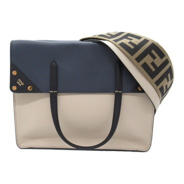 FENDI Flip Large Shoulder Bag 8BT303 leather Light Beige Navy Used Women