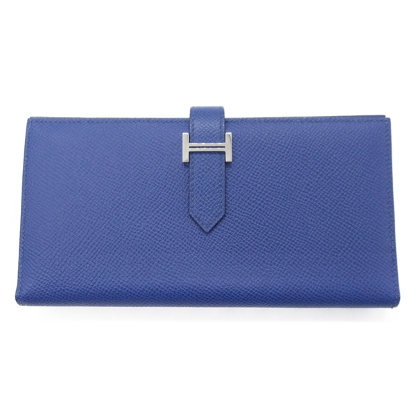 HERMES Bearn Soufflet Bifold Long Wallet SHW Epsom leather Blue Used Women